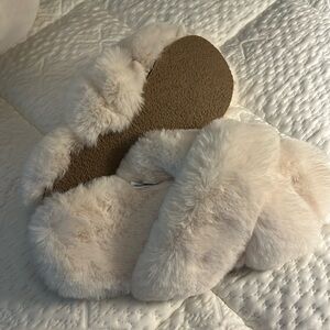 J. Crew white Faux Fur Criss-Cross Strap Slipper Slides